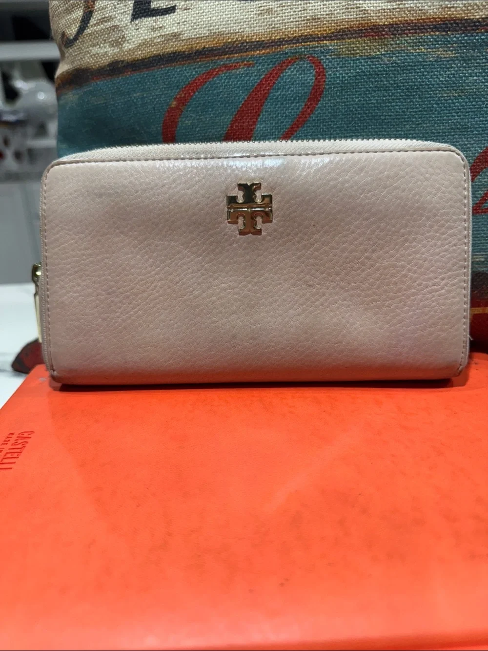 Tory Burch Light Pink Pebbled Zip Wallet with Gold Logo